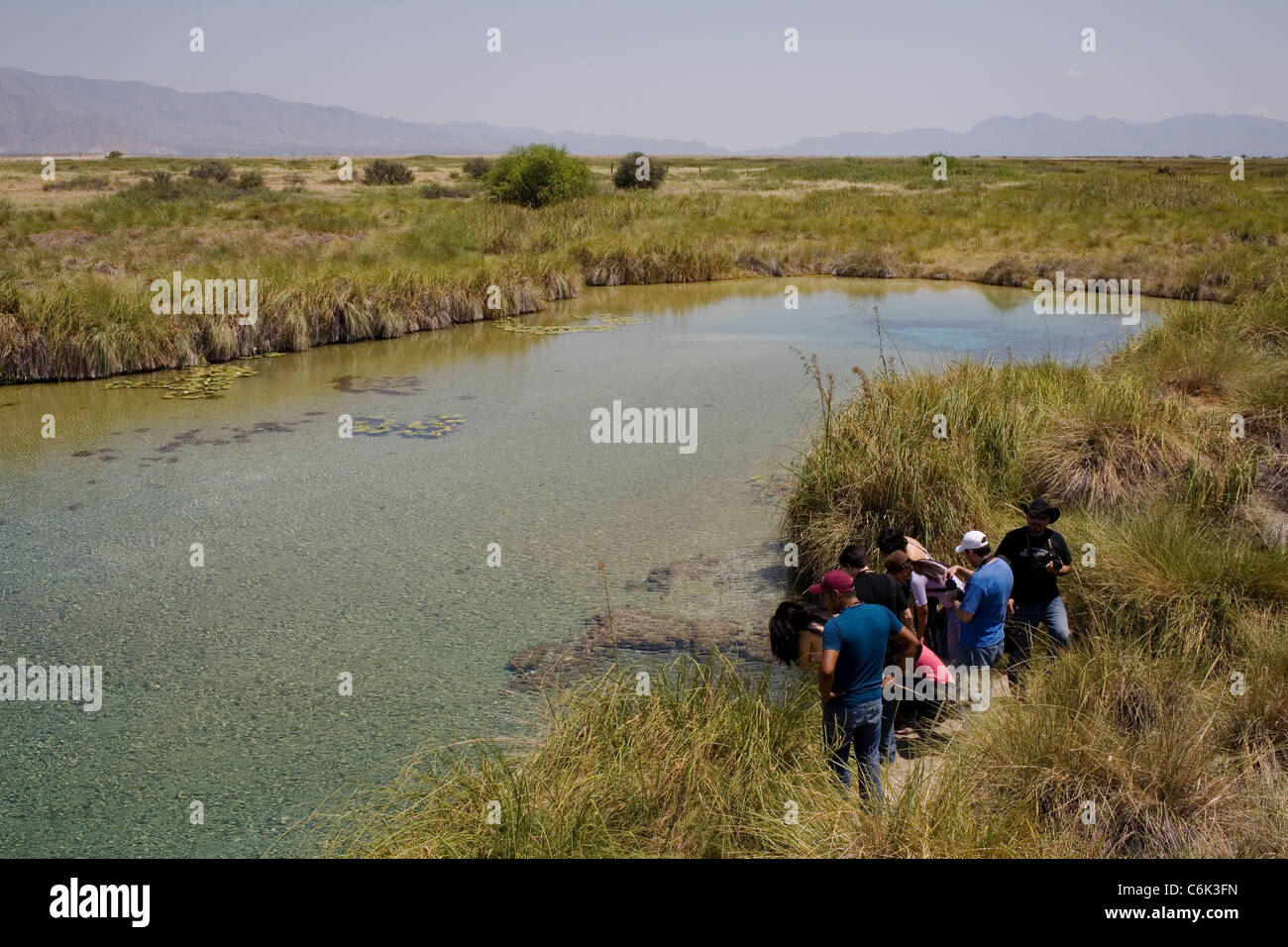 Touristen fotografieren bei Poza Azul in Cuartocienegas, Mexiko. Stockfoto