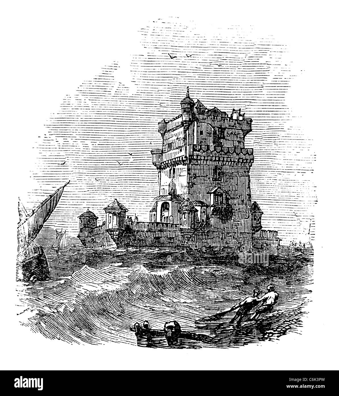 Turm von Belem in Lissabon, Portugal, in den 1890er Jahren, Vintage Gravur. Alten gravierte Darstellung der Turm von Belem. Stockfoto