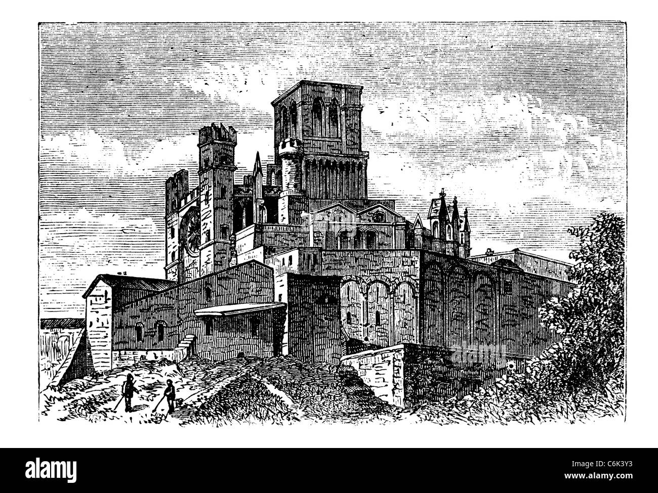Bezier-Kathedrale, Beziers, Frankreich, alten gravierten Abbildung der Kathedrale Saint-Nazaire, Frankreich, in den 1890er Jahren Stockfoto