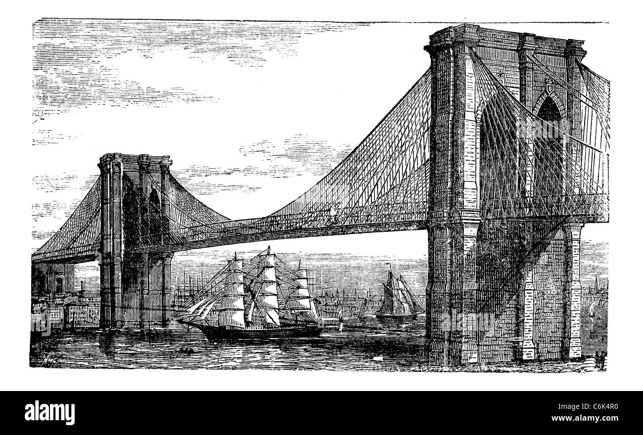 Brooklyn Bridge und East River, New York, Vereinigte Staaten von Amerika. Jahrgang Gravur aus den 1890er Jahren. Stockfoto