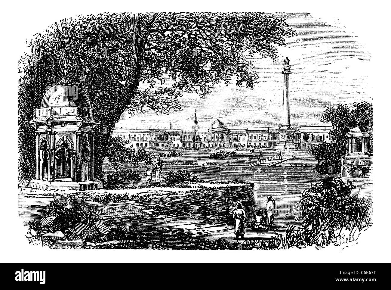 Ochterlony Denkmal, Indien, graviert alte Abbildung des Government House und Ochterlony Denkmal, Kalkutta, Indien, der 1890er Jahre. Stockfoto