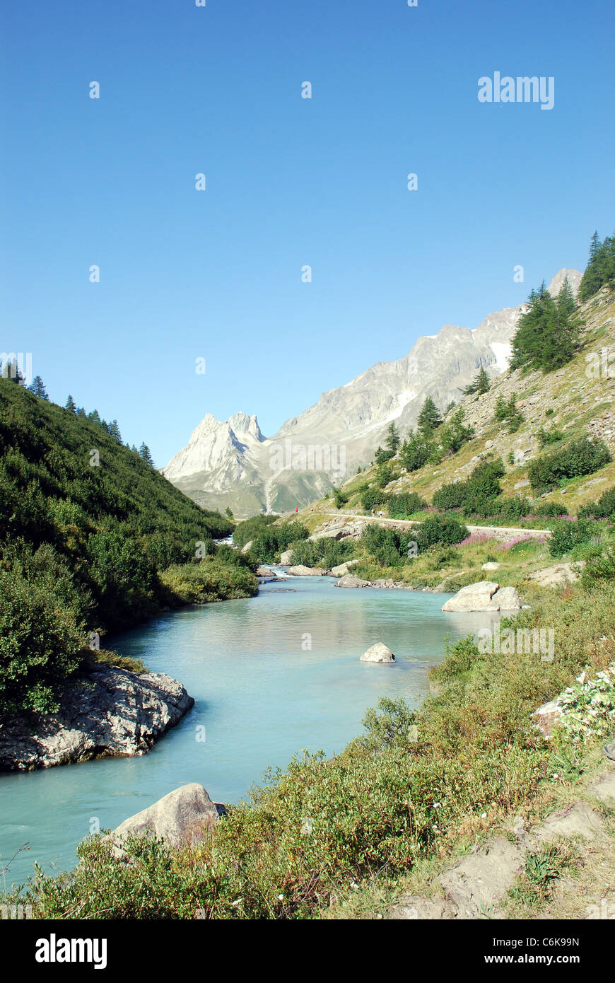 Ein Fluss fließt durch eine steile Tal in den Alpen in der Nähe von Mont Blanc mit den Bergen des Col Ferret im Hintergrund Stockfoto