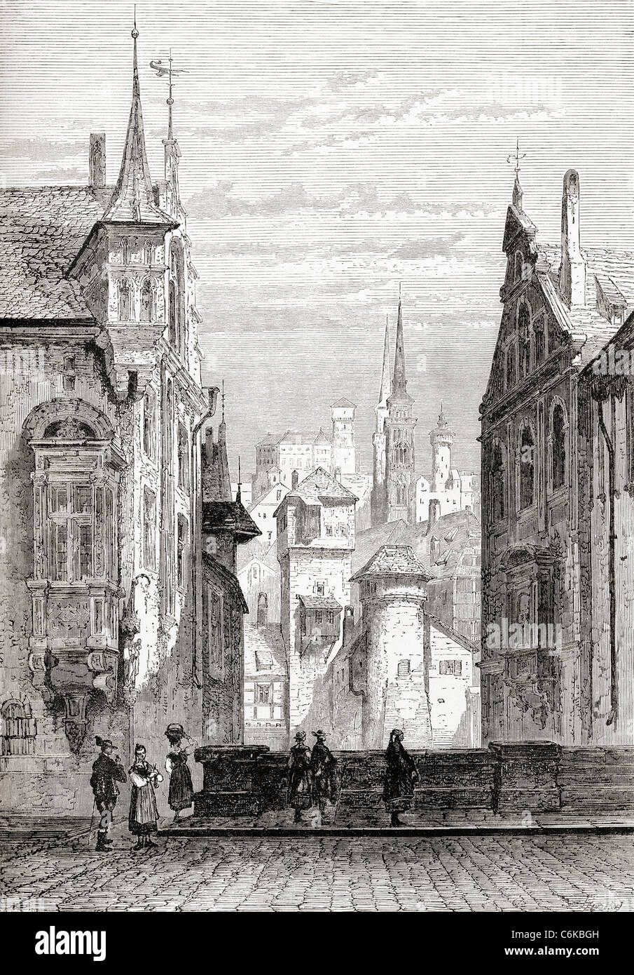 St. Sebaldus-Kirche und Burg, Nürnberg, Deutschland im 19. Jahrhundert. Stockfoto