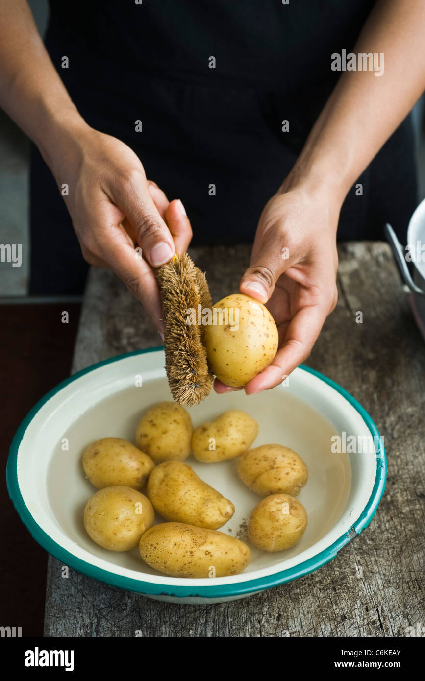 Schrubben Babykartoffeln Stockfoto