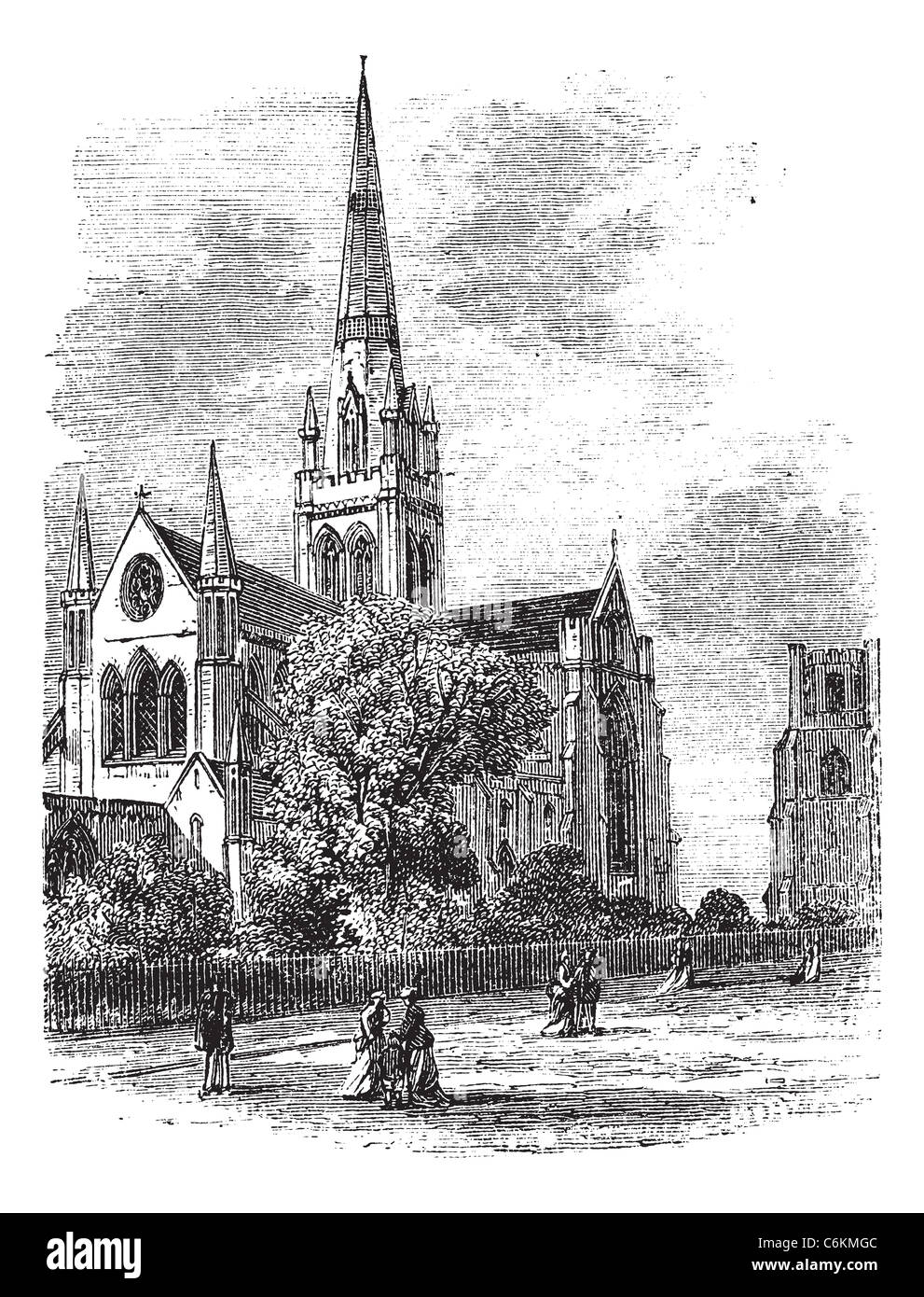 Chichester Kathedrale oder Dom-Kirche der Heiligen Dreifaltigkeit, in Sussex, England, in den 1890er Jahren, Vintage Gravur. Stockfoto