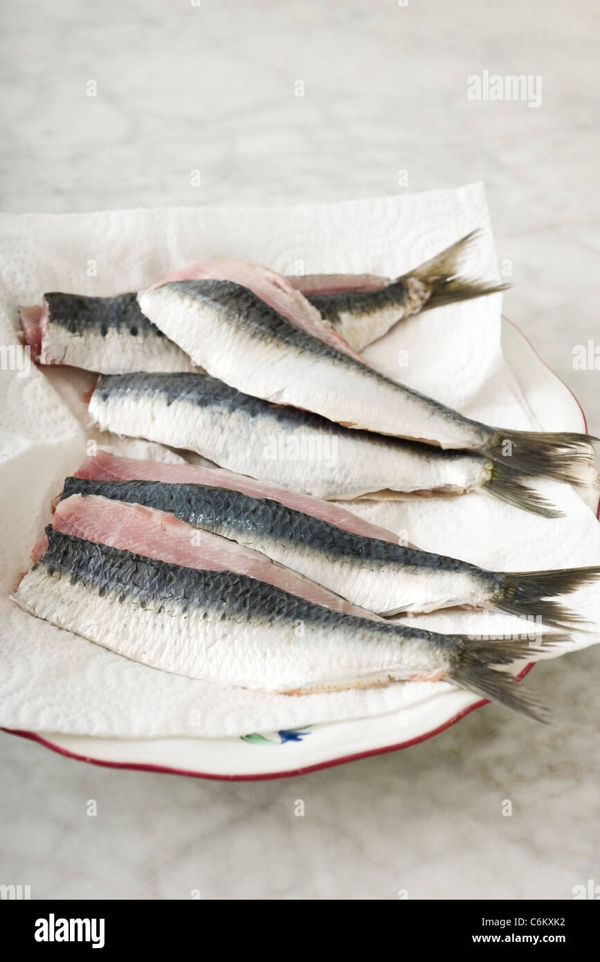 Frische Sardinen, die in zwei Hälften geschnitten Stockfoto