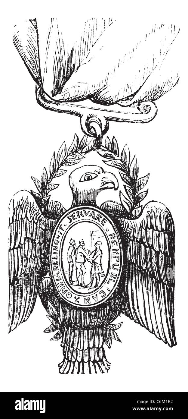 Gesellschaft von Cincinnati, Vintage Gravur. Alten graviert Abbildung einer Gesellschaft des Cincinnati Insignia zeigt eine Glatze Stockfoto