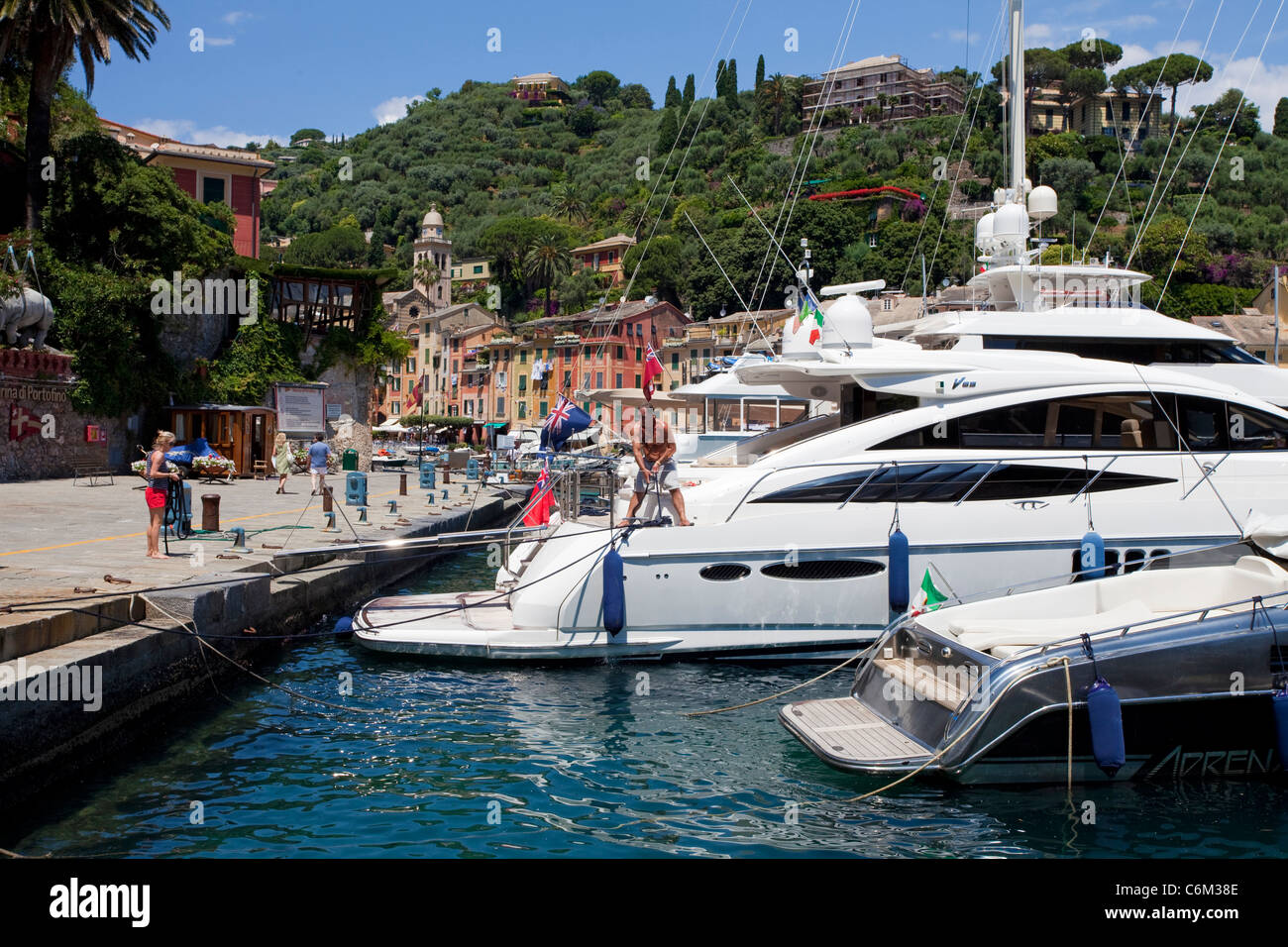 Luxus Yachten am Liegeplatz, malerischen Fischerdorf Portofino, Ligurien di Levante, Italien, Ligurisches Meer, Mittelmeer, Europa Stockfoto