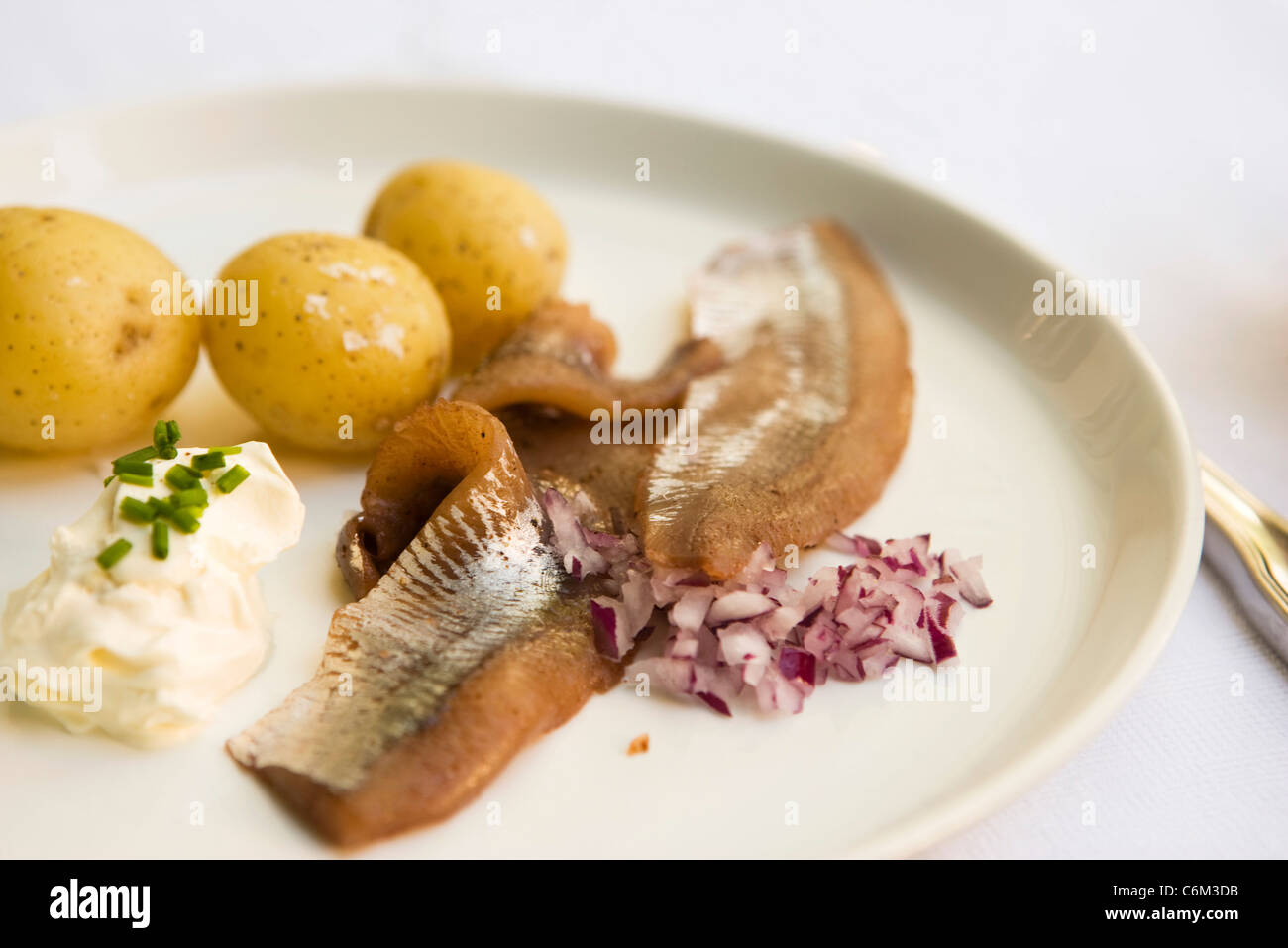 Neue Kartoffeln mit eingelegter Hering und saure Sahne Stockfoto