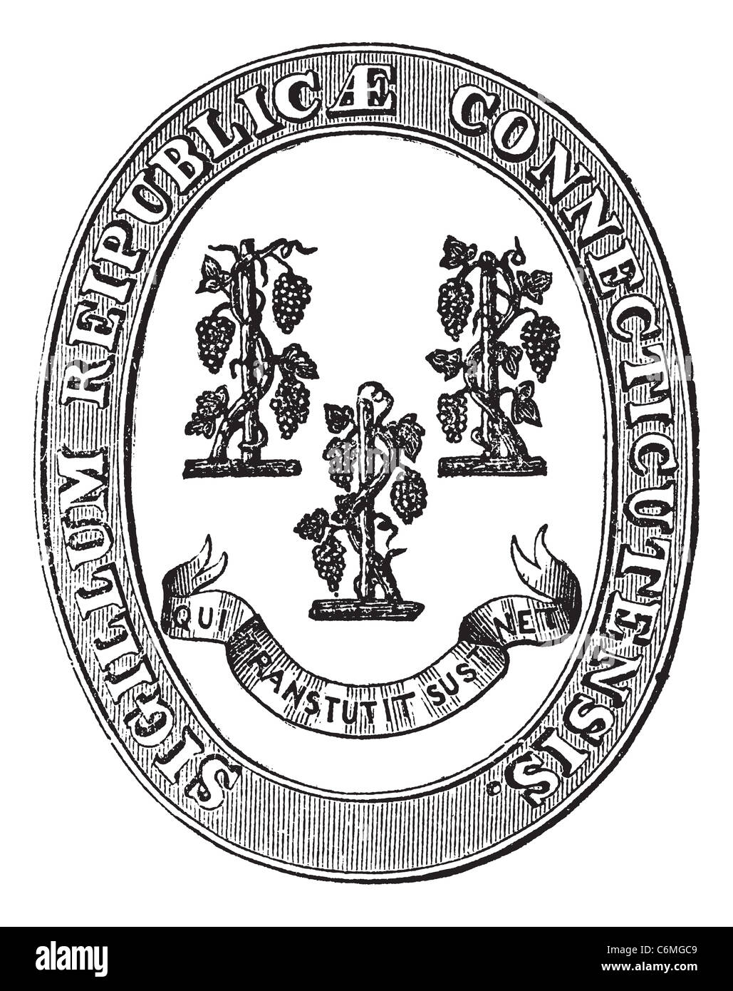 Dichtung aus Connecticut, Vintage Gravur. Alten graviert Abbildung der Dichtung von Connecticut. Stockfoto