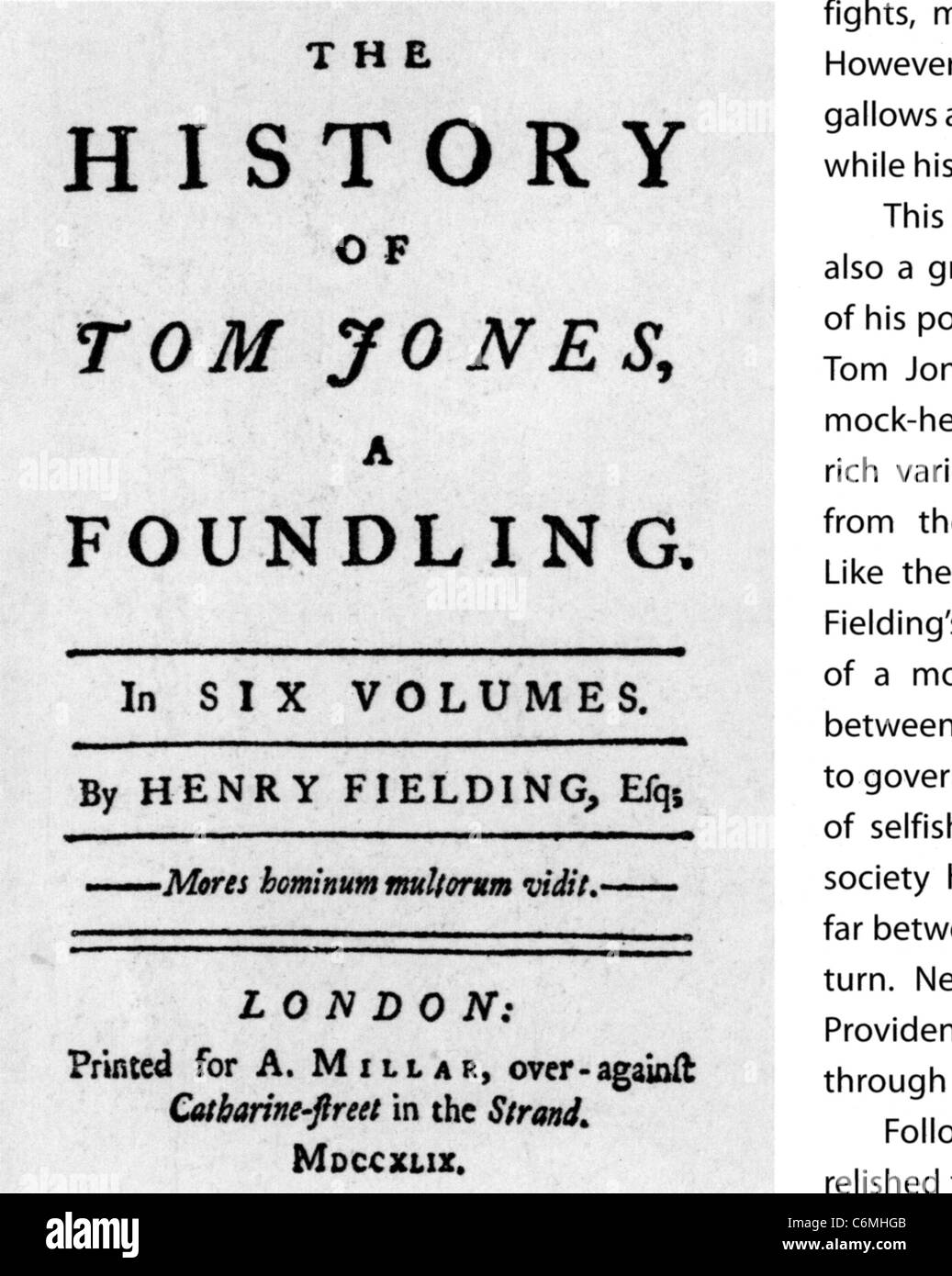 TOM JONES von Henry Fielding. Titelseite von 1749-Ausgabe in sechs Bänden Stockfoto