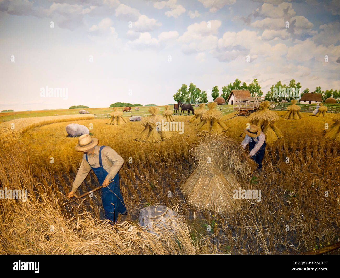 Diorama in Manitoba Museum der frühen Pionier Bauern Ernten in der kanadischen Prärie. Hier erntet eine ukrainische Familie Roggen. Stockfoto