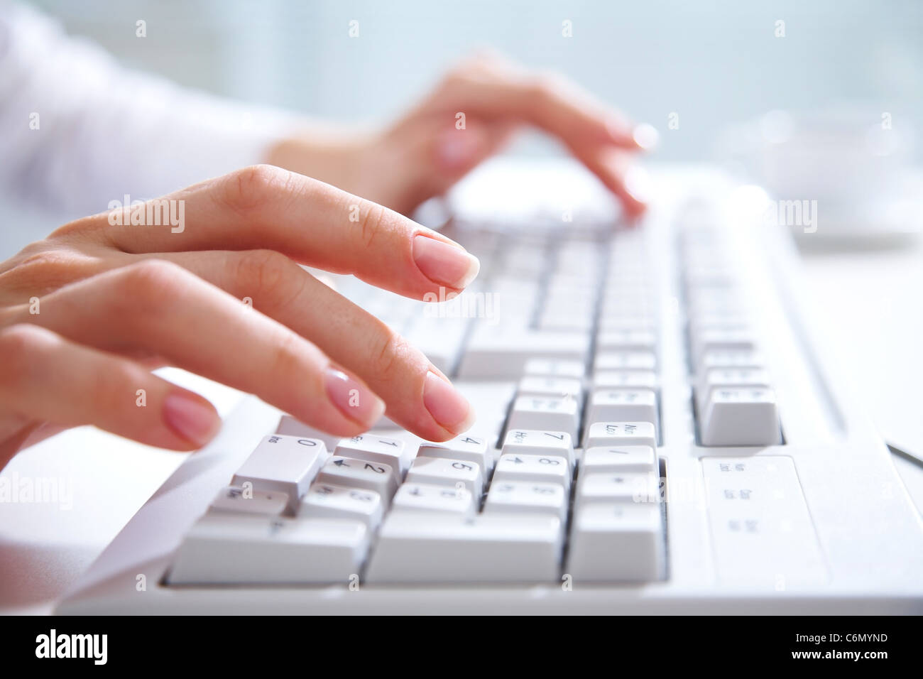 Weibliche Hände auf weißen Computertastatur tippen Stockfoto