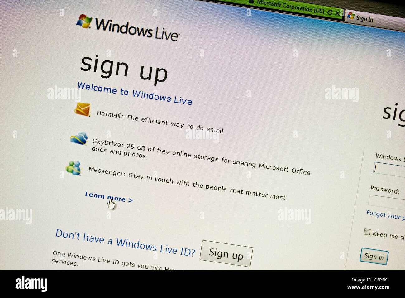 Windows Live-Website auf dem Computerbildschirm Stockfoto