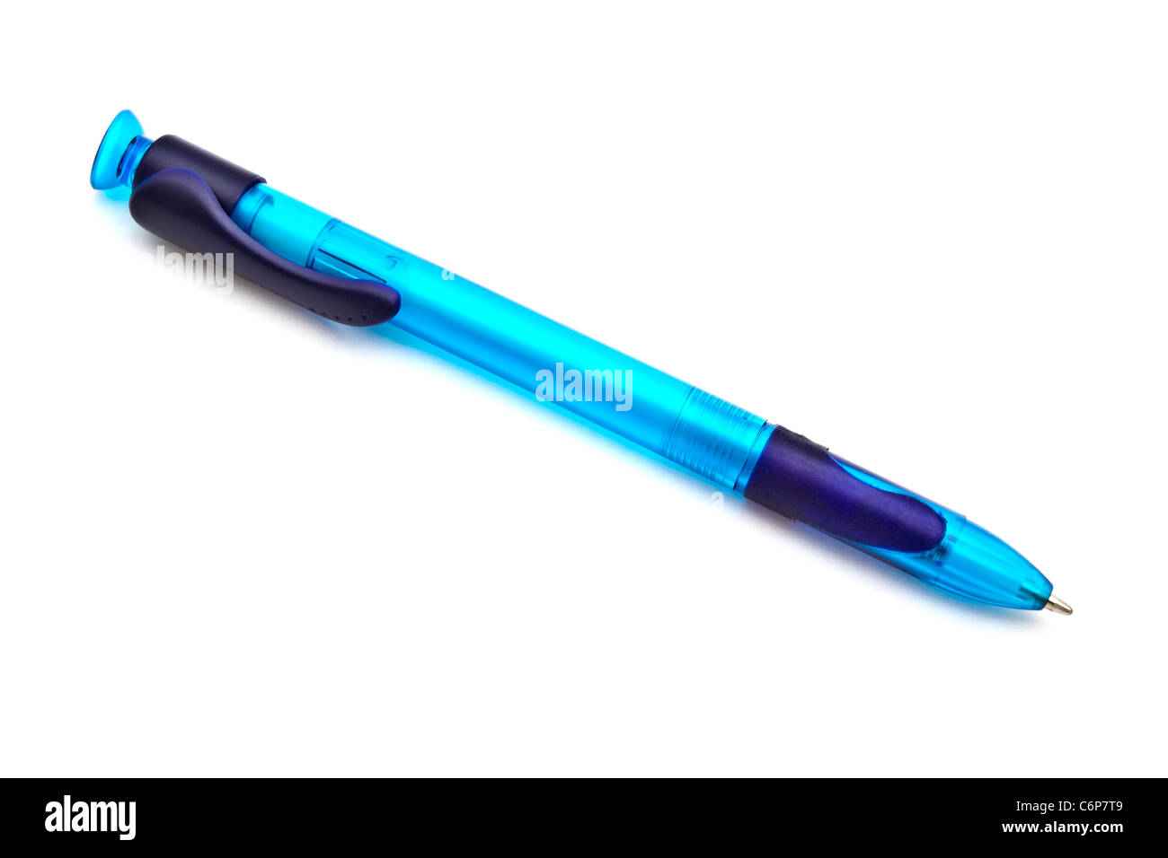Blauer Ball Point Pen enger auf weißen Hintergrund Stockfoto
