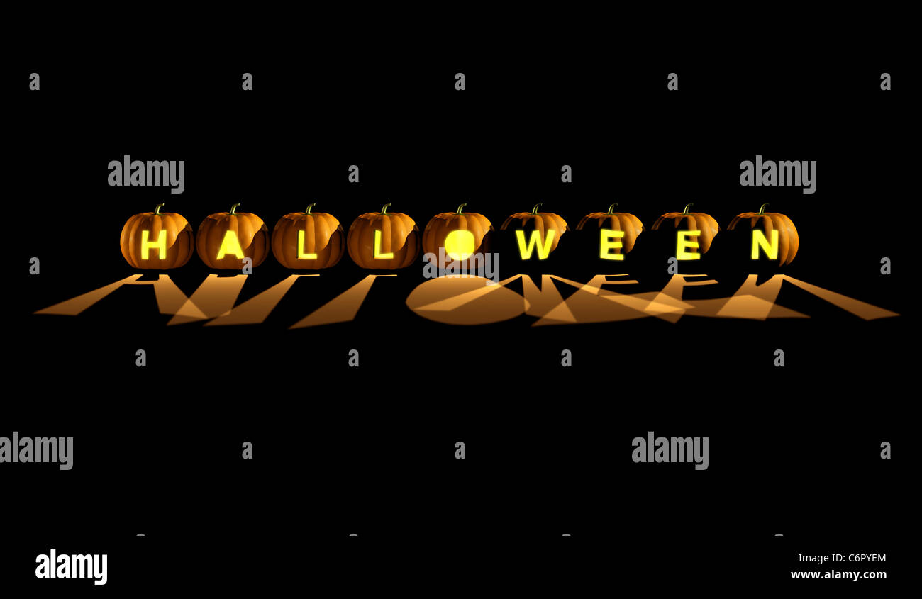 3D Darstellung der Halloween Wort geschrieben von Jack-o-Laternen mit geschnitzten Buchstaben Stockfoto