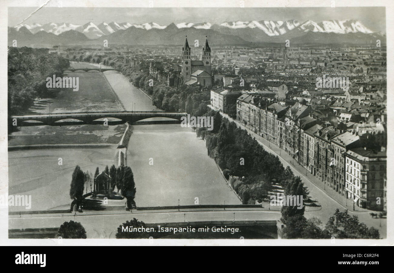Postkarte München 1938. Isarpartie Mit Gebirge. Stockfoto