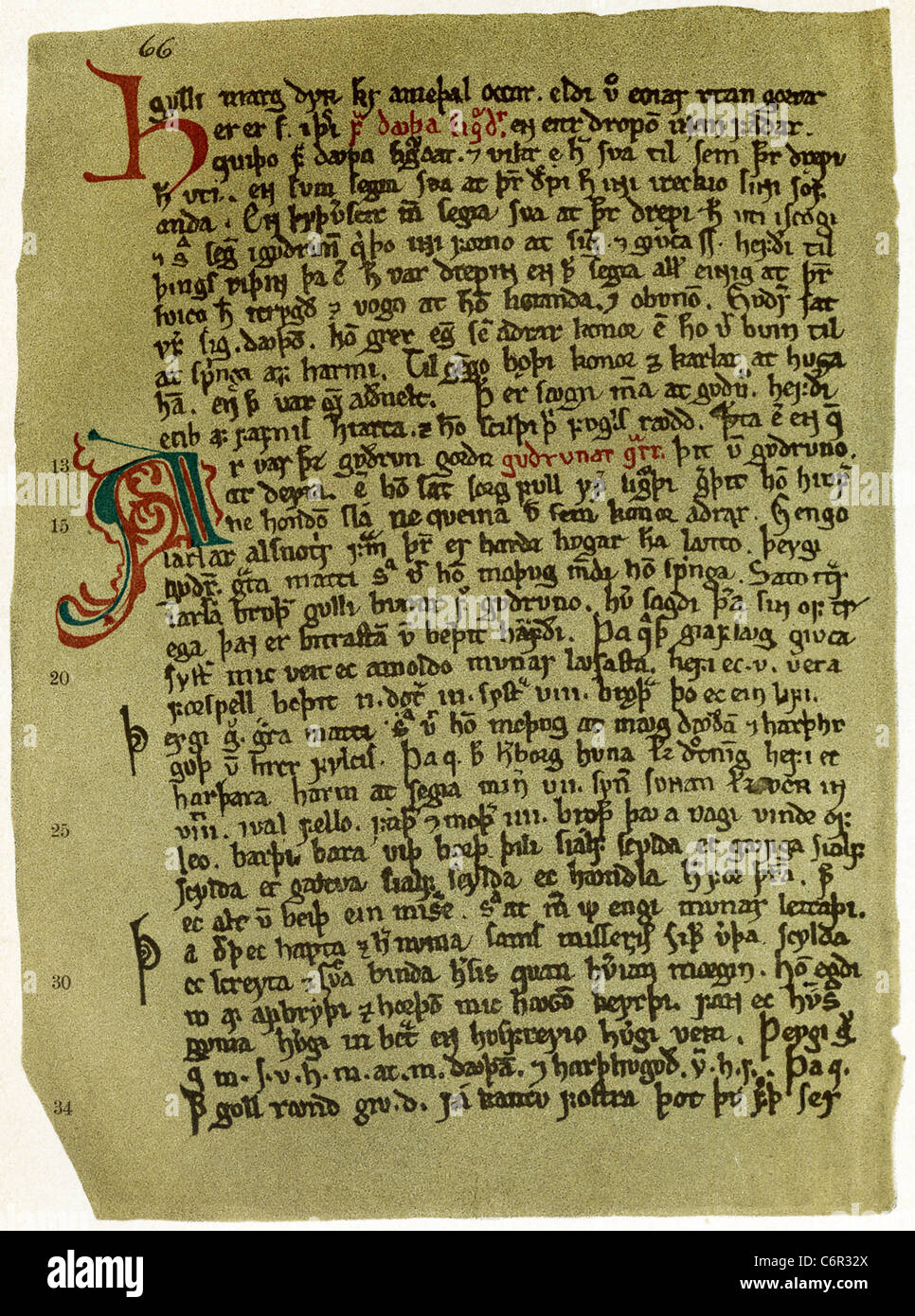 Dieses Faksimile 1910 zeigt den älteste erhaltenen handschriftlichen Text einer Seite die poetische Eddas. Stockfoto