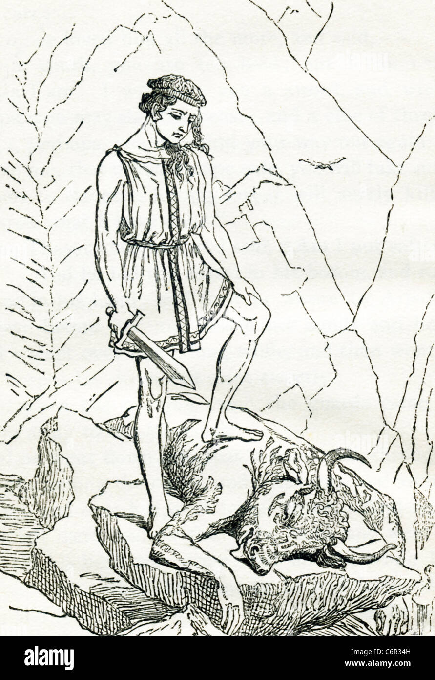 In der griechischen Mythologie ist Theseus ein legendärer Held von Athen, tötet den Minotaurus, Sohn des Königs Minos von Kreta. Stockfoto