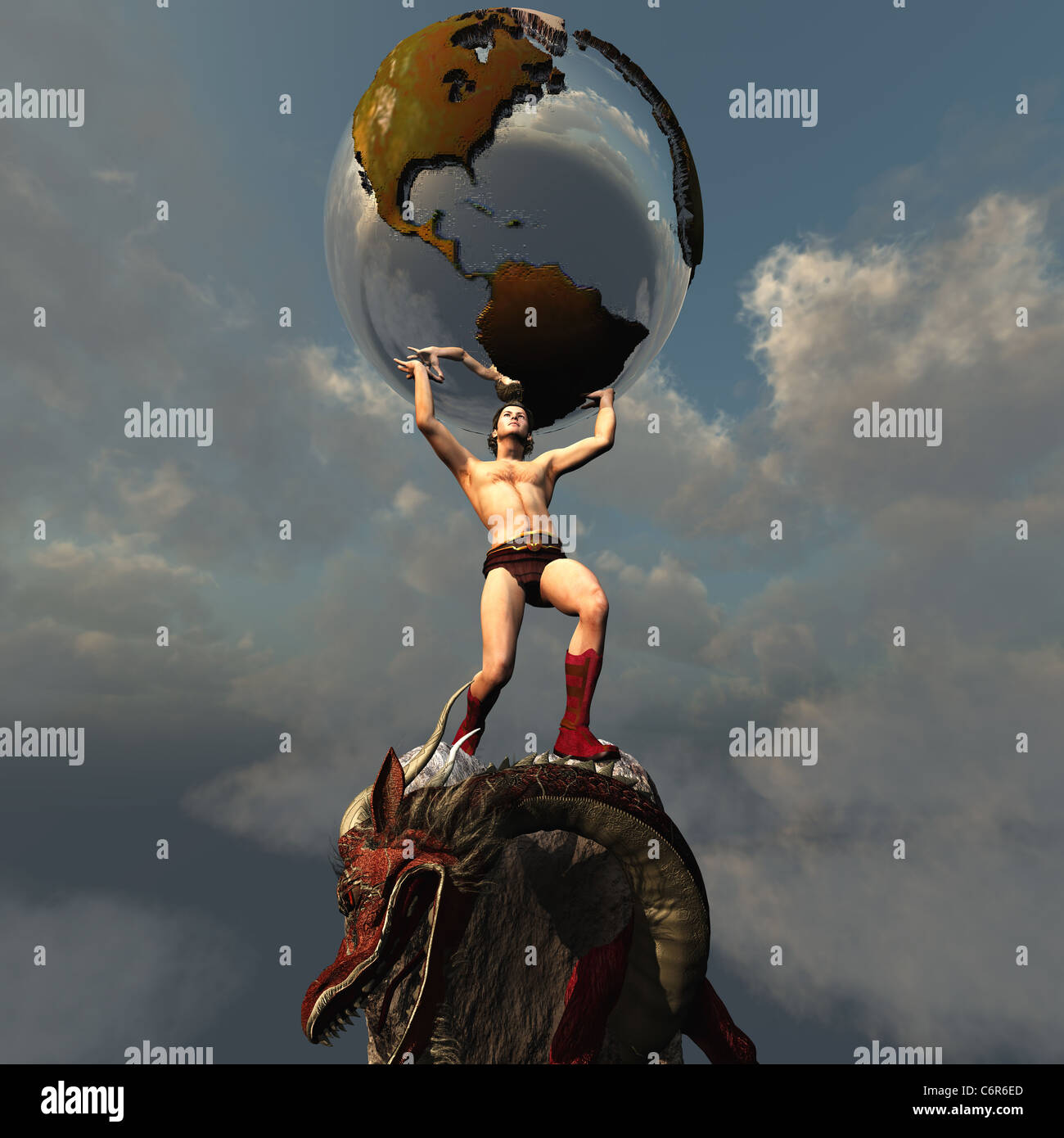 Atlas hält die Erde, nachdem er den Drachen tötet, den Frieden und die Einheit in diesem Teil der Welt darstellt. Stockfoto