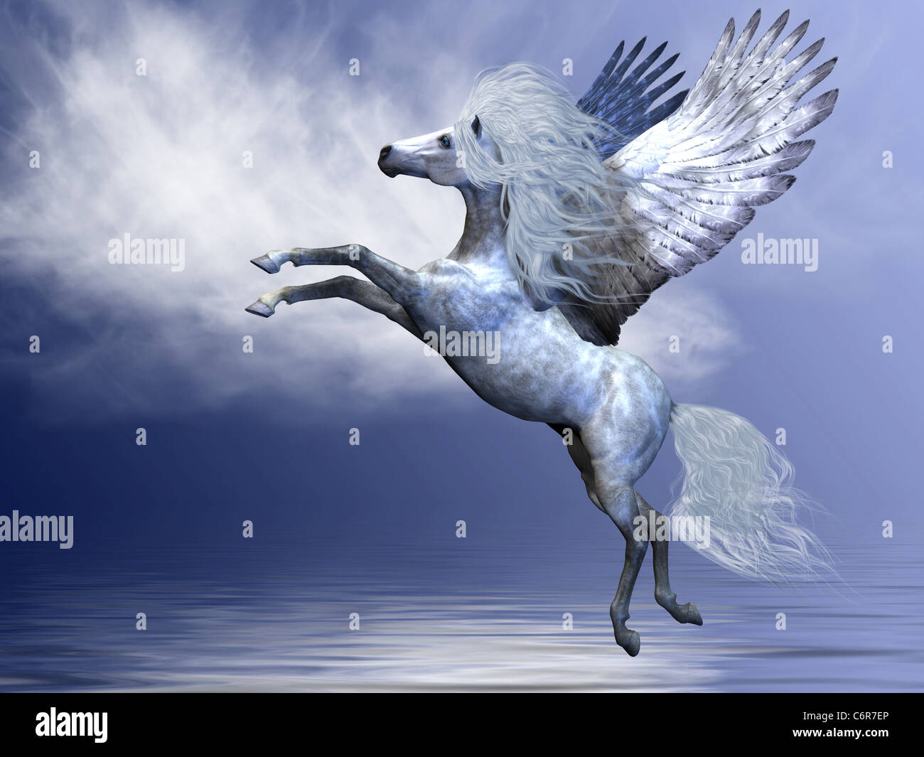 Weiße Pegasus erstreckt sich seine herrlichen Flügel im Flug über einen Ozean. Stockfoto