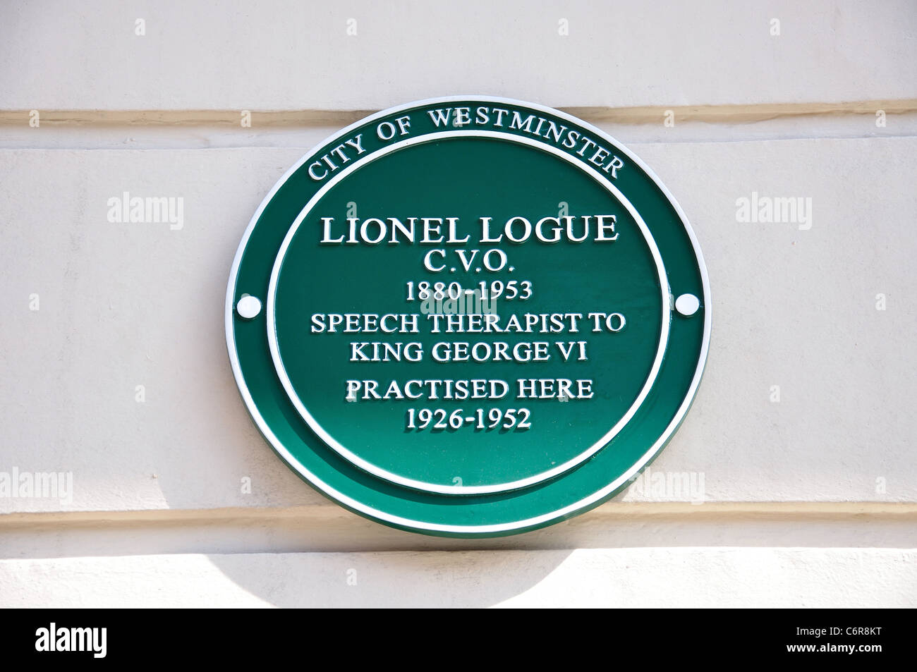 Plaque, Lionel Logue, Logopädin, König George VI, Harley Street, Westminster, Greater London, England, Vereinigtes Königreich Stockfoto