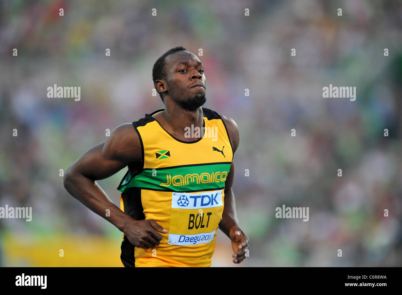 Usain Bolt (JAM) für die 13. IAAF Leichtathletik WM durchführen. Stockfoto