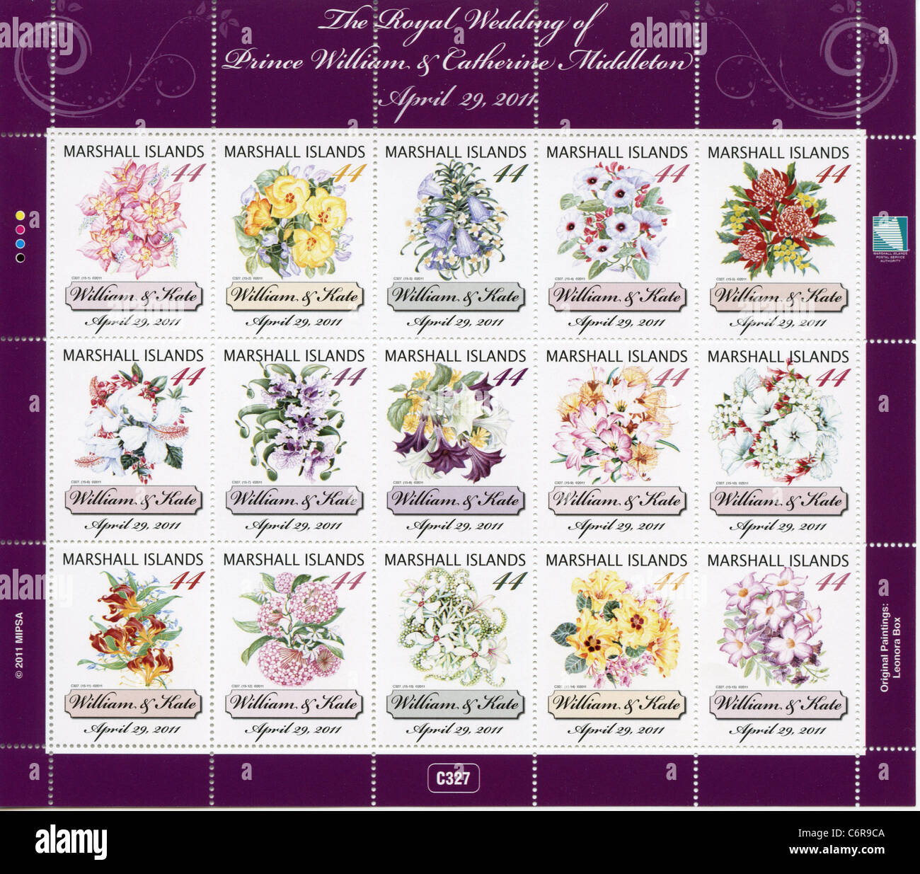 Marshall-Inseln-Briefmarken - William & Kate Blumen Stockfoto