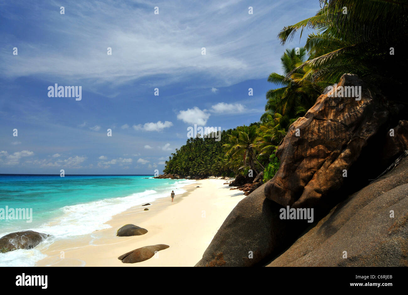 Anse Victorin, als eines der besten Strände der Welt, Fregate Island Private Resort Urlaubsinsel, die Seychellen. Stockfoto