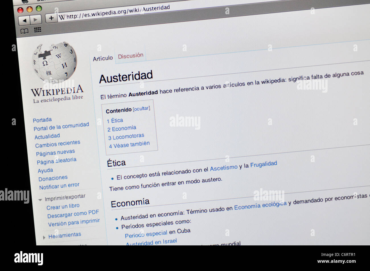 Wikipedia-Website - Austeridad - Sparmaßnahmen in spanischer Sprache Stockfoto