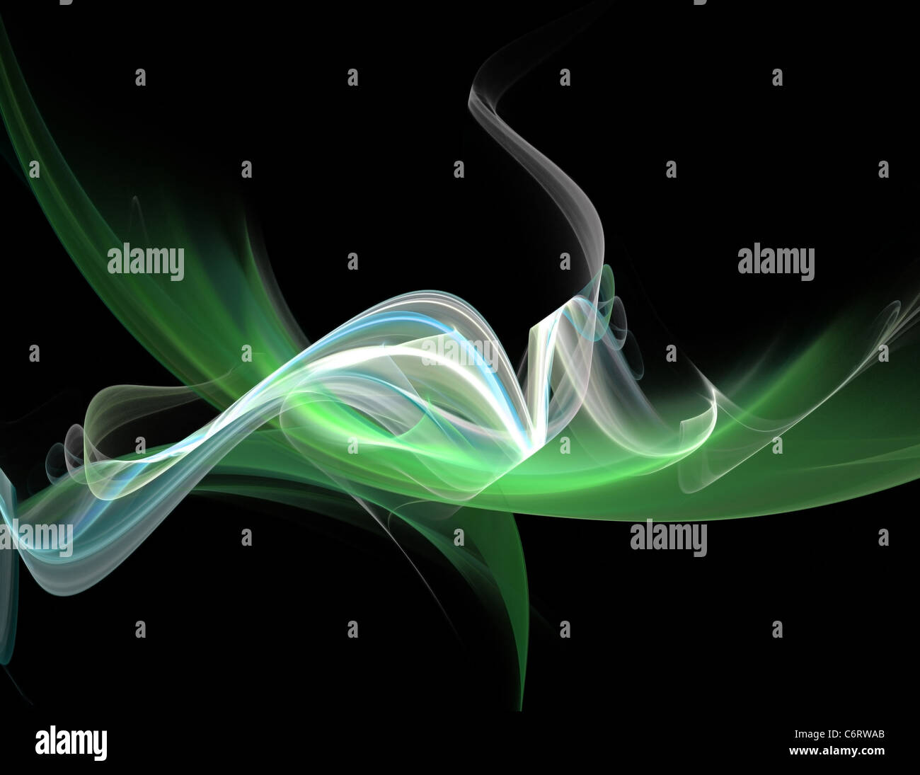 Computer-generierte Fraktale eine wellige Rauch Elements für Ihr Design. Weiß-grün Farbverlauf auf schwarz Stockfoto