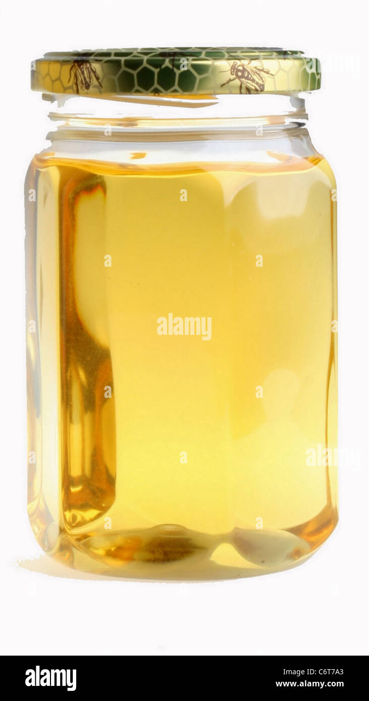einzelnes Glas Honig auf weißem Hintergrund Stockfoto