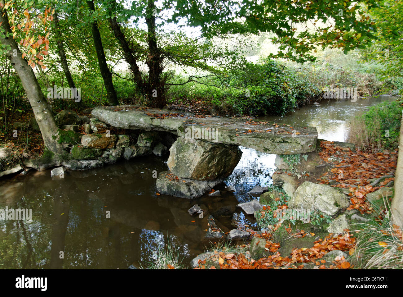 Megalithische Brücke, Fluss la Varenne, Le Chatellier (Orne, Normandie, Frankreich). Stockfoto