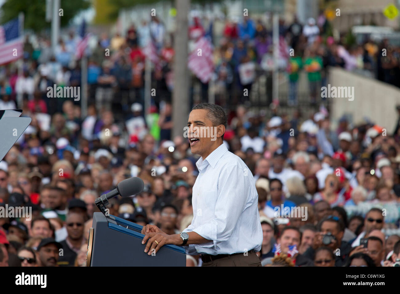 Detroit, Michigan, USA - Präsident Barack Obama spricht auf einer Kundgebung der Labor Day in Detroit. Stockfoto