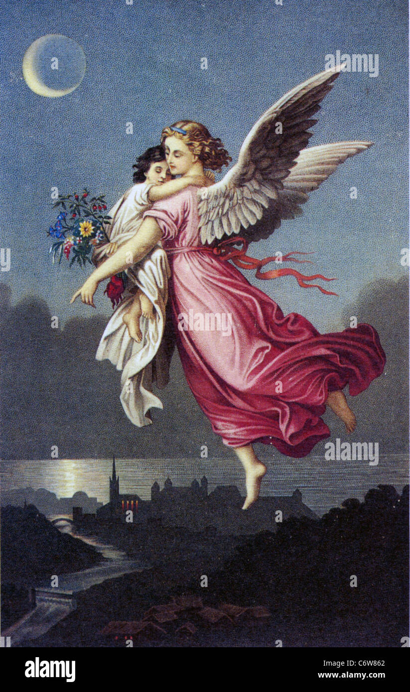Schutzengel mit Kind in einer viktorianischen illustration Stockfoto