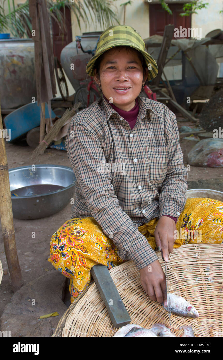 Frau verkauft, an einem Straßenrand Fischmarkt in Phnom Sprung Village, in der Nähe von Siem Reap, Kambodscha Stockfoto