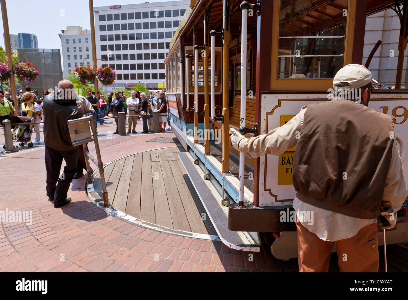 Seilbahn drehen auf der Drehscheibe im Terminus an Kreuzung von Powell und Market Street, San Francisco, Kalifornien, USA. JMH5213 Stockfoto