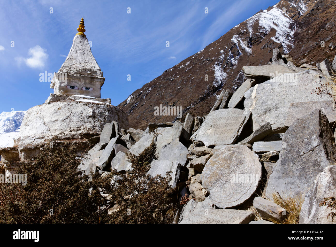 Buddhistische Stupa und Mani-Steinen, Everest-Region, Nepal Stockfoto