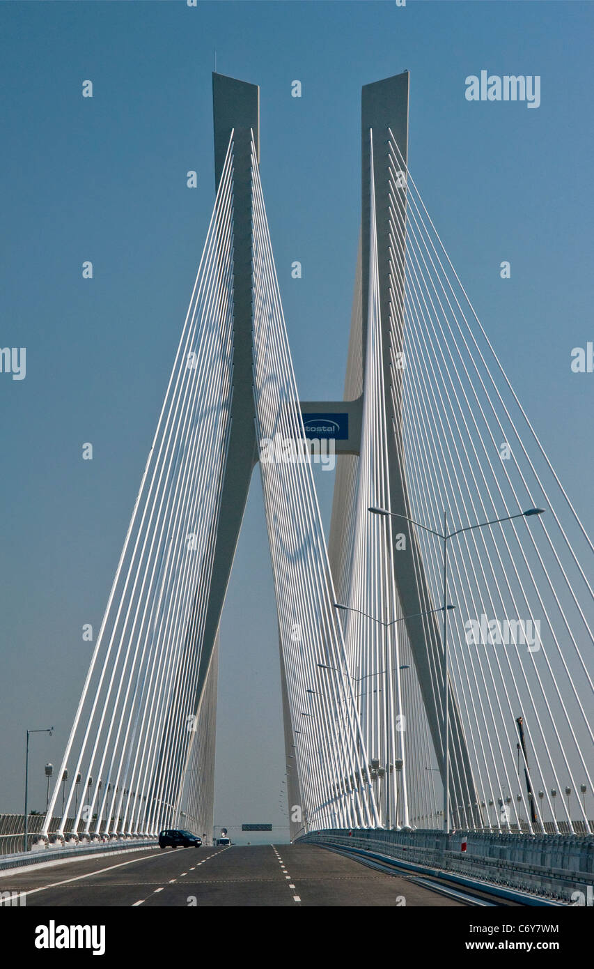 Redzinski Brücke, weltweit viertgrößte konkrete Schrägseilbrücke, über Odra an der Autobahn Ring Road in Wroclaw, Polen Stockfoto