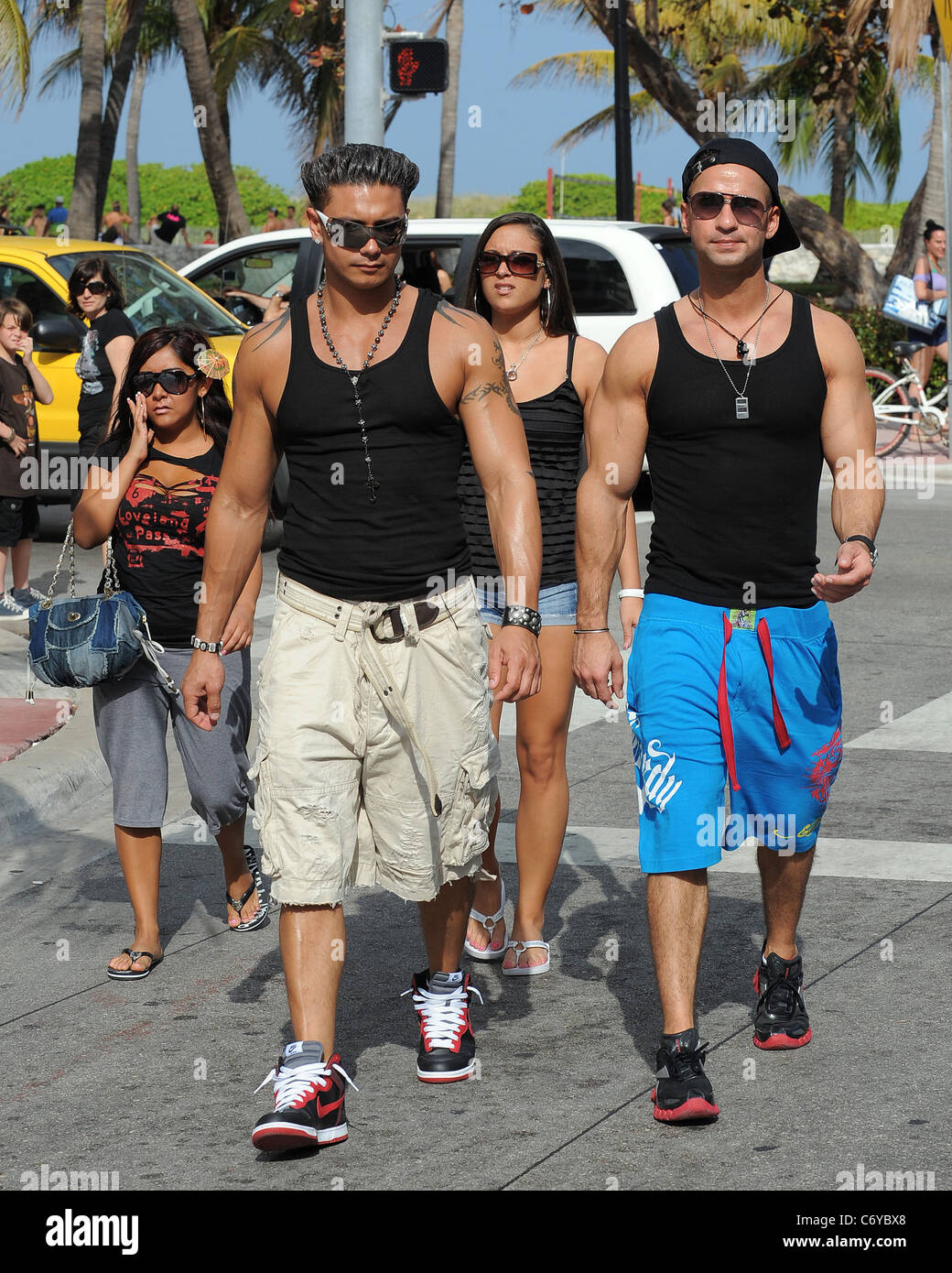 Paul Del Vecchio aka "DJ Pauly D', Michael Sorrentino aka"The Situation", Nicole Polizzi Alias Snooki und Sammi Giancola, auch bekannt als Stockfoto