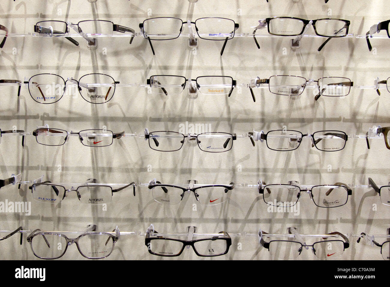 Brillen, Brille, im Auge Arztpraxis ausgestellt. Stockfoto