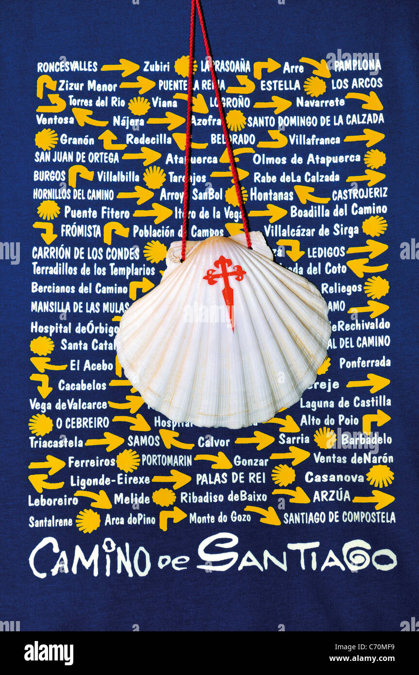 Spanien, Jakobsweg: Signal mit allen Stationen des Jakobsweges in der Pilgrim´s Herberge von Astorga Stockfoto
