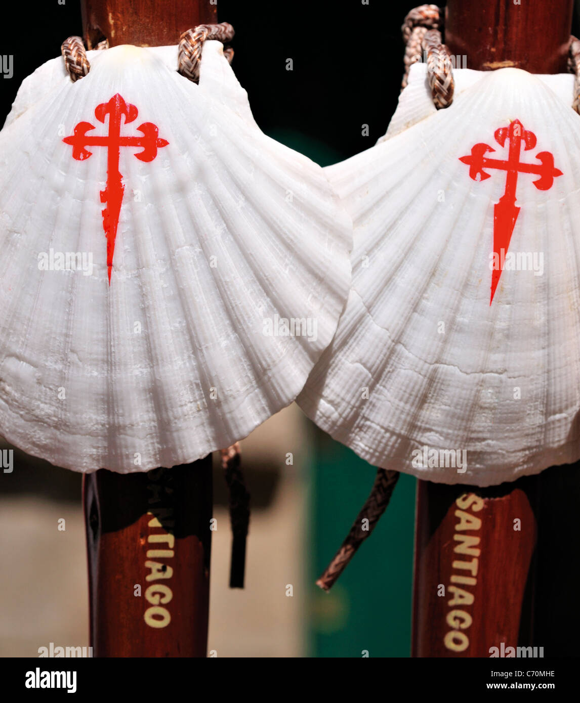 Spanien, Jakobsweg: Shell, Spazierstock und Kürbis sind die Symbole des legendären Jakobsweg nach Santiago De Compostela Stockfoto