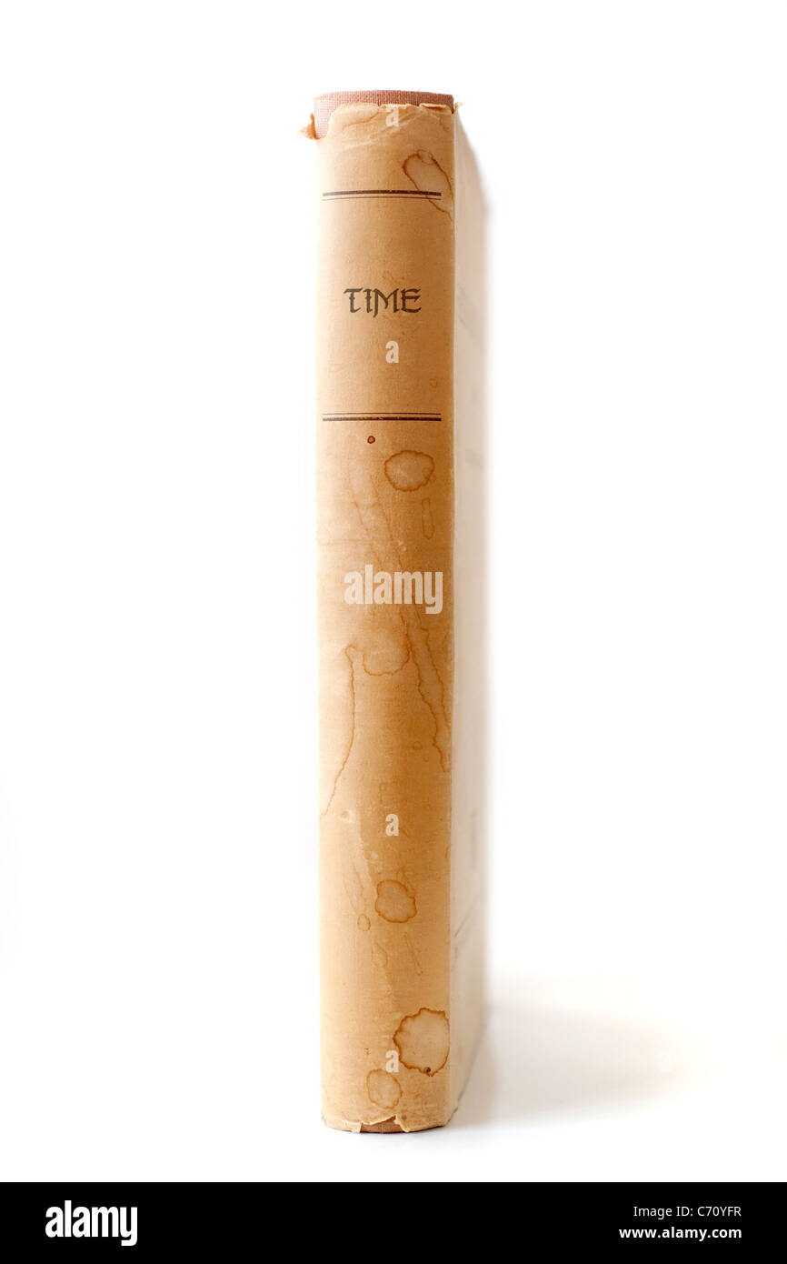 Altes Buch mit dem Titel "Time" auf weißem Hintergrund Stockfoto