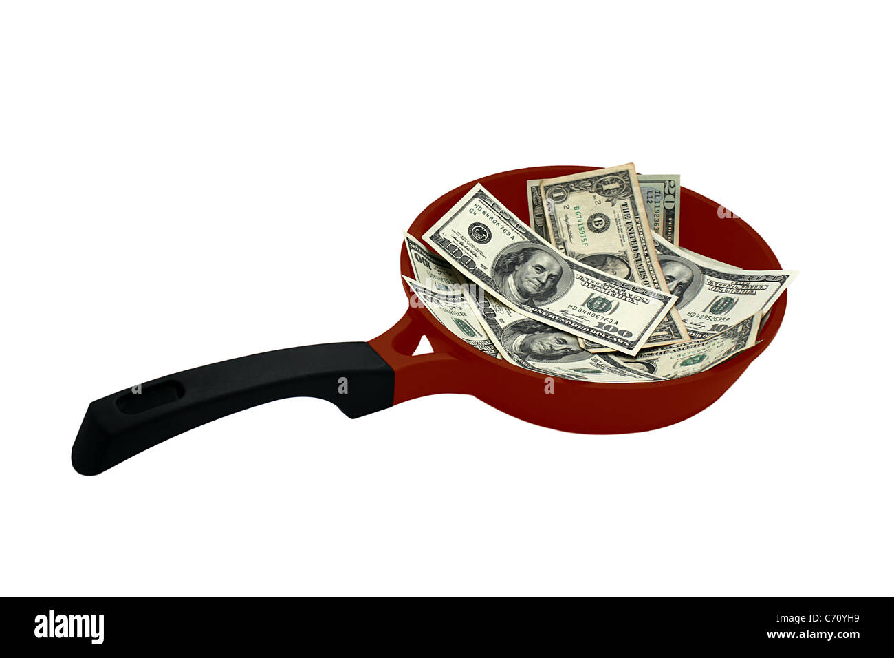 "Hot Money": Pfanne mit Dollar Stockfoto