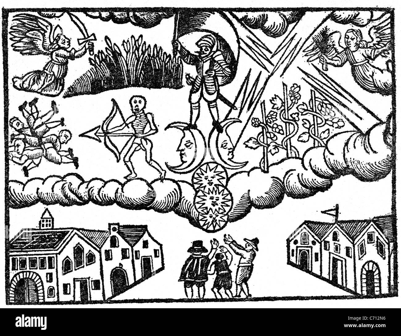 DREIßIGJÄHRIGEN Krieg (1618-1648) eine 1627-Broschüre die Schrecken des Krieges zeigt: Sonne durch Wolken, Leichen, Vernichtung der Ernte versteckt Stockfoto