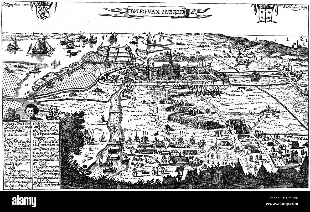 Belagerung von HAARLEM im Jahre 1573. Spanische Kavallerie und Soldaten des Herzogs von Alba bewegen in Richtung der Stadt, die unter Kanonenbeschuss Stockfoto