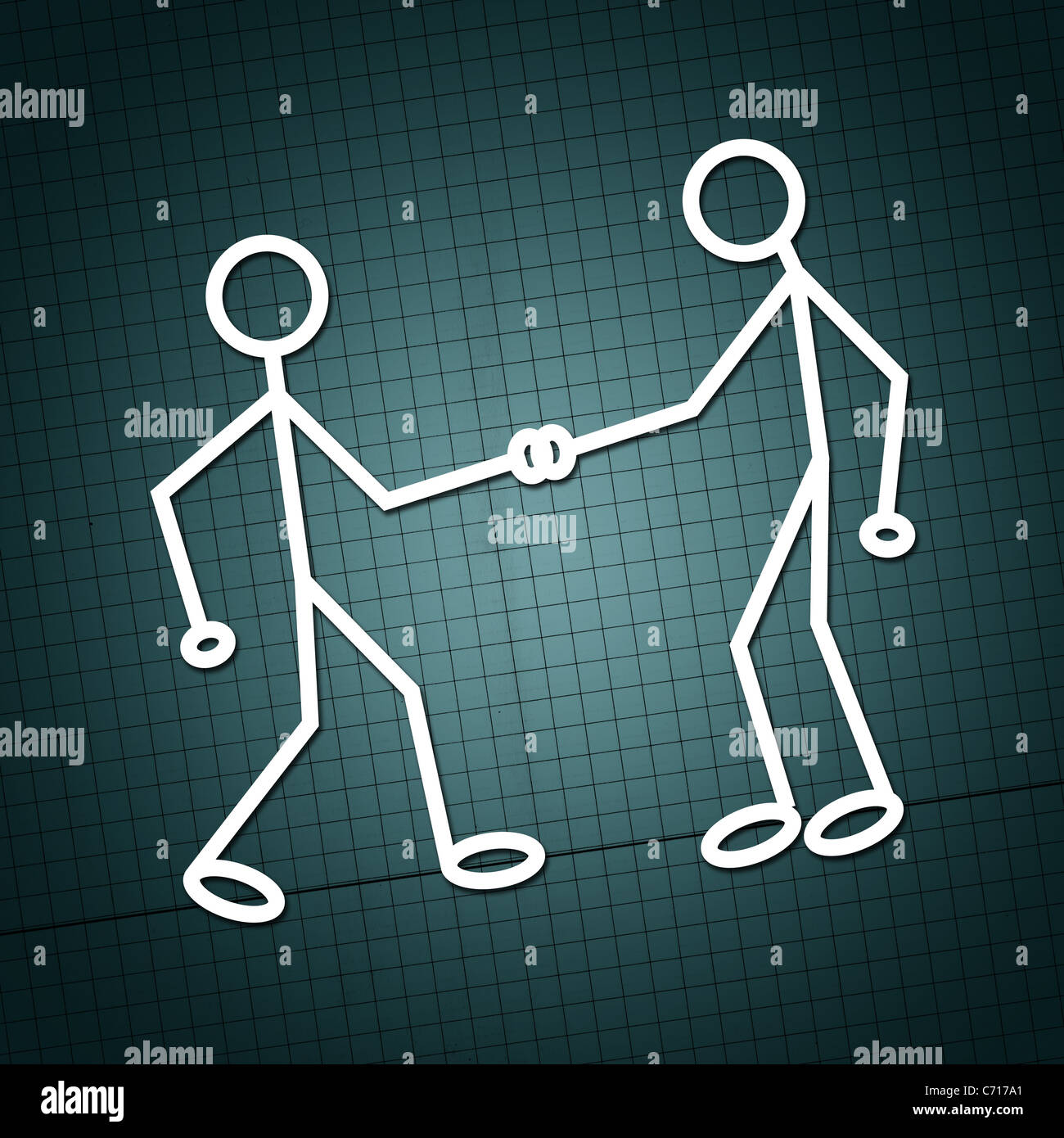 Illustration von zwei humanoiden Figuren Händeschütteln und grüßen einander über ein weißes Papier Textur Hintergrund. Stockfoto