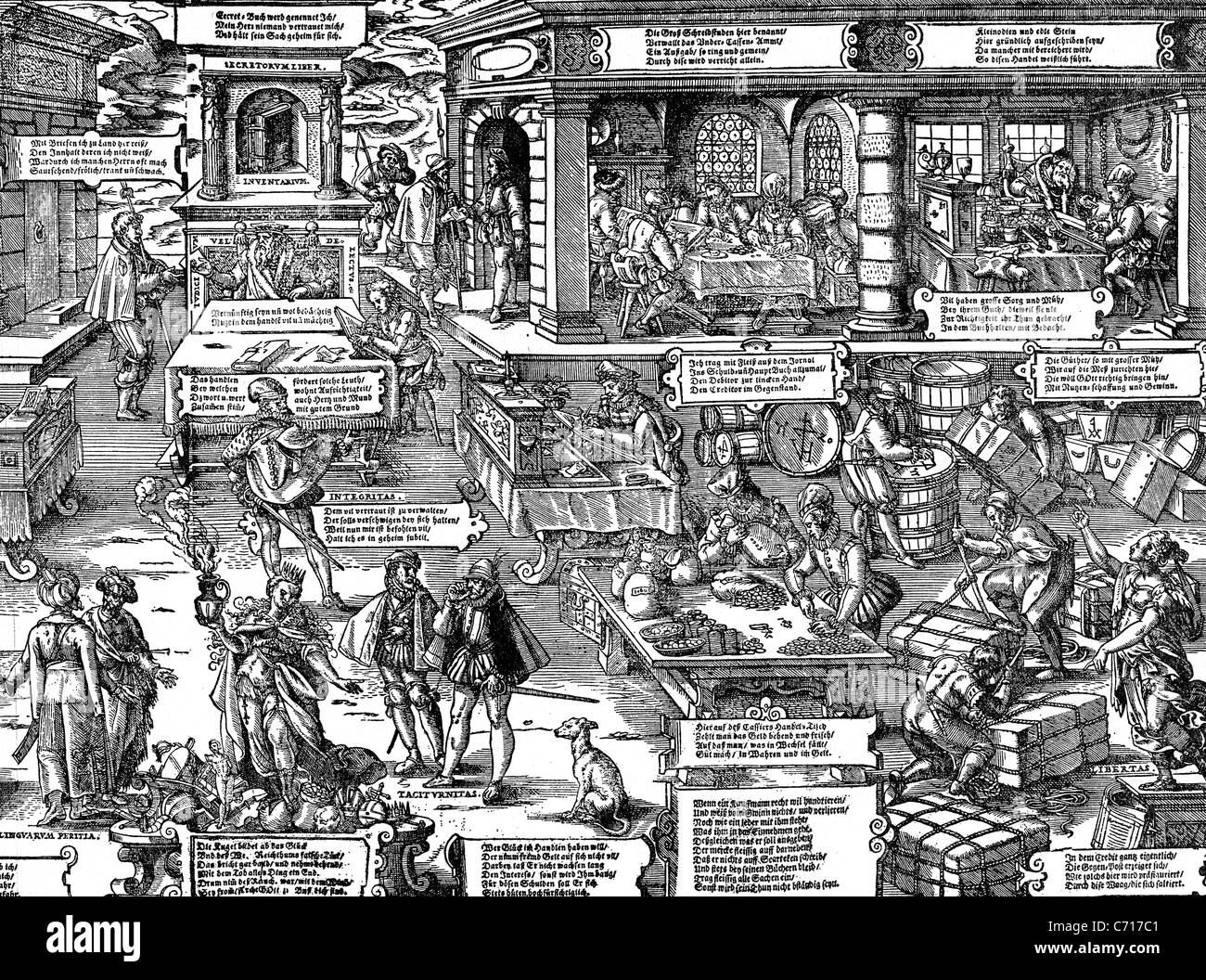 JOST AMMAN (1539-1591) Schweizer Holzschnitt Künstler zeigen hier die vielen Aspekte der deutschen Finanz- und Handelszentrum Stockfoto