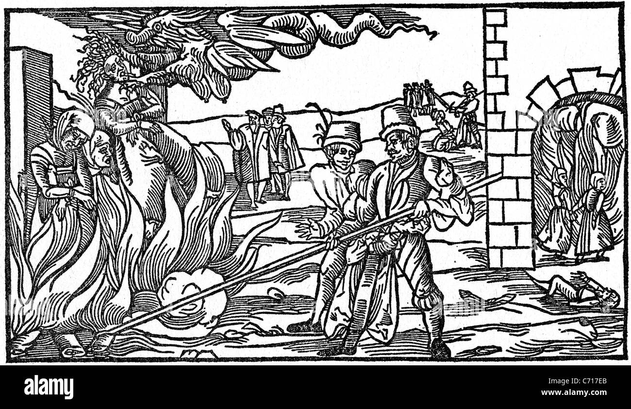 Hexerei deutsche Holzschnitt zeigt Massaker von angeblichen Hexen im Jahre 1555 Stockfoto